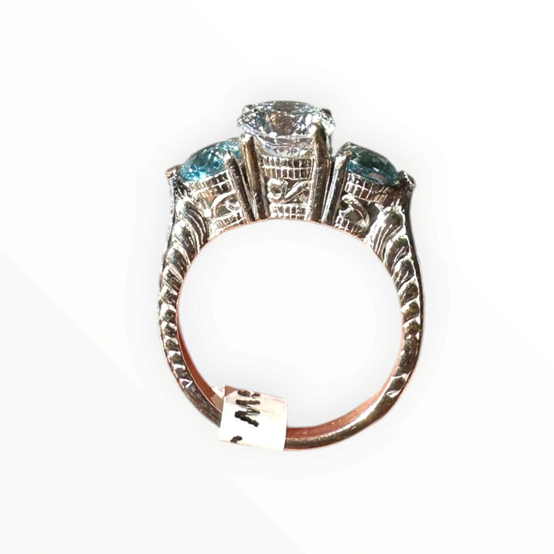 14 Karat White Gold, Three Stone Neon Apetite Etched Engraved Ring
