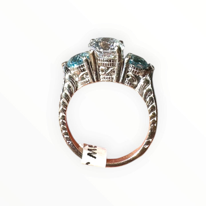 14 Karat White Gold, Three Stone Neon Apetite Etched Engraved Ring