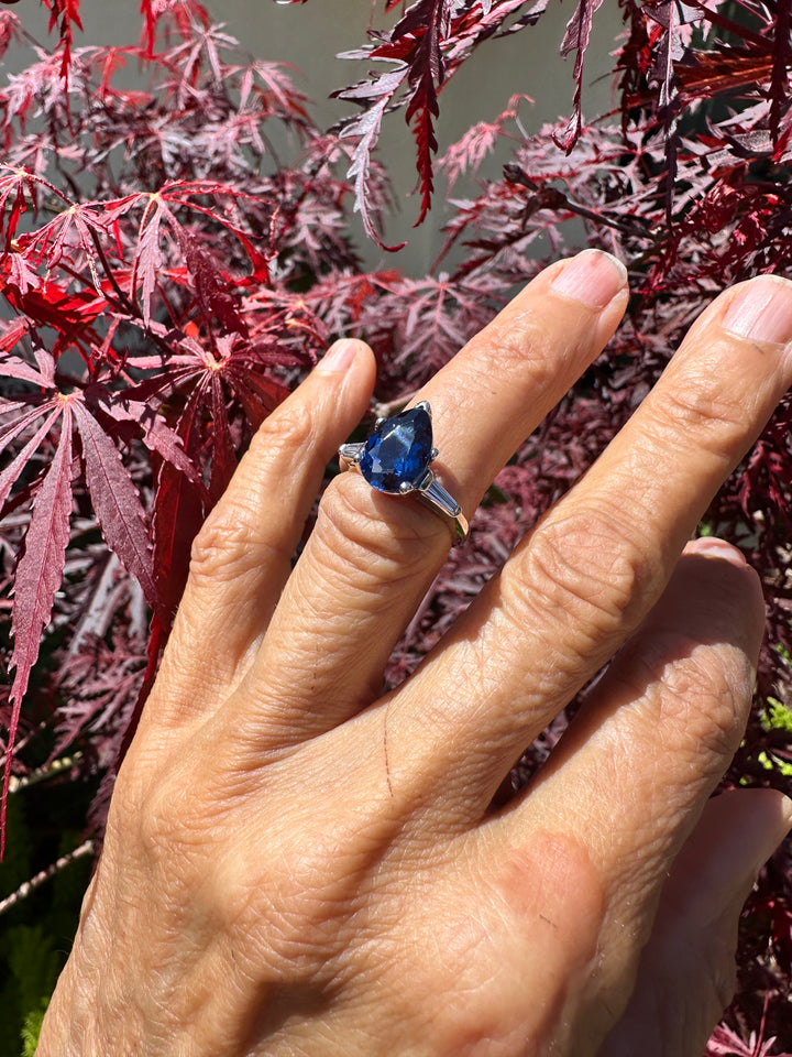 Mid Century Platinum 3-Stone 4.40ctw, Lab-Sapphire and Baguette Diamond Ring
