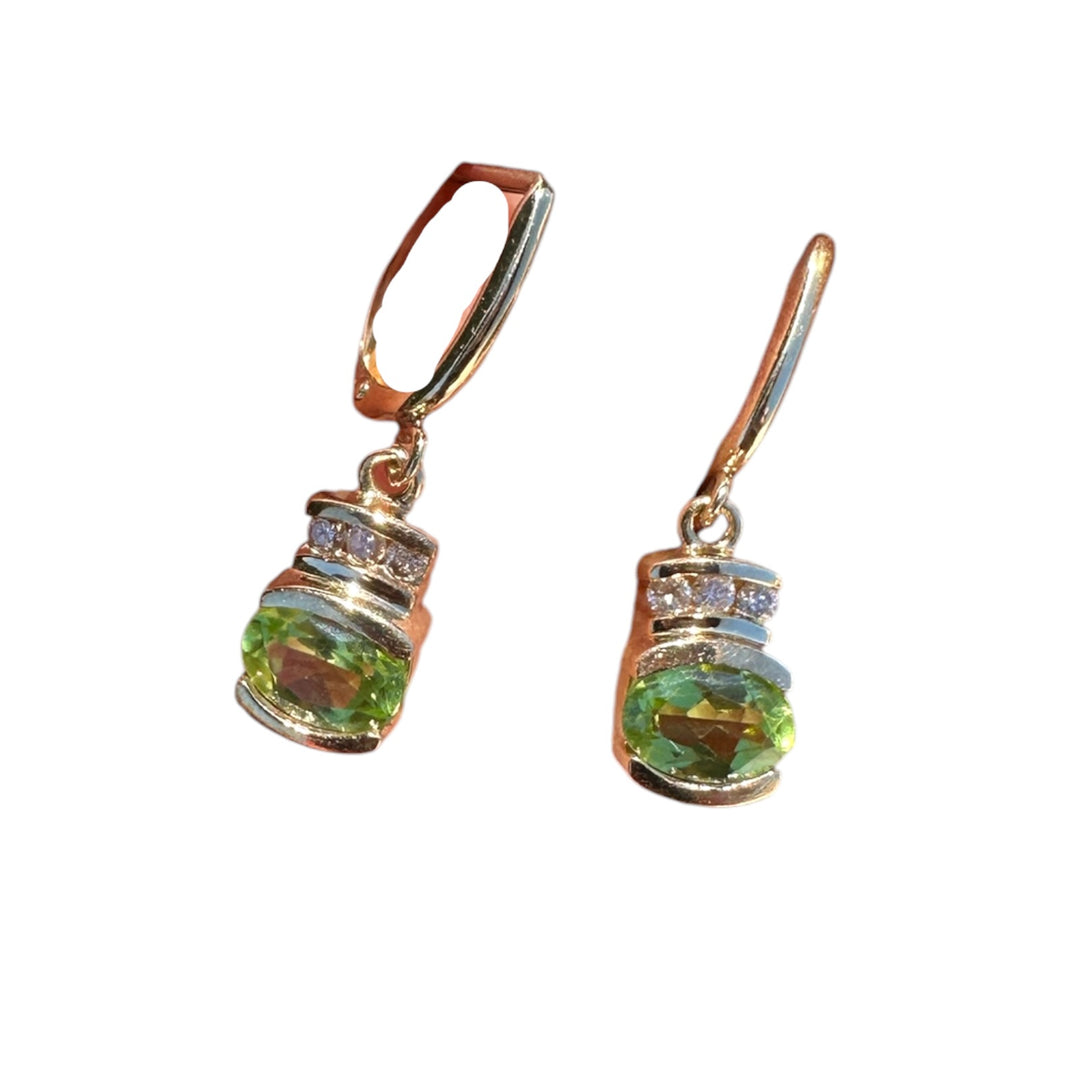 14K Yellow Gold 1.50ct Peridot and 1/4ct Diamond Leverback Dangle Earrings