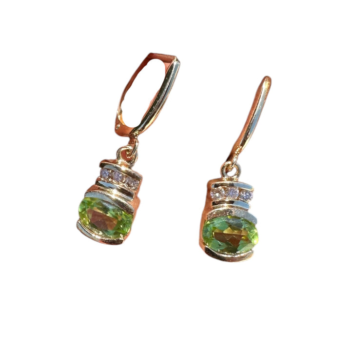 14K Yellow Gold 1.50ct Peridot and 1/4ct Diamond Leverback Dangle Earrings