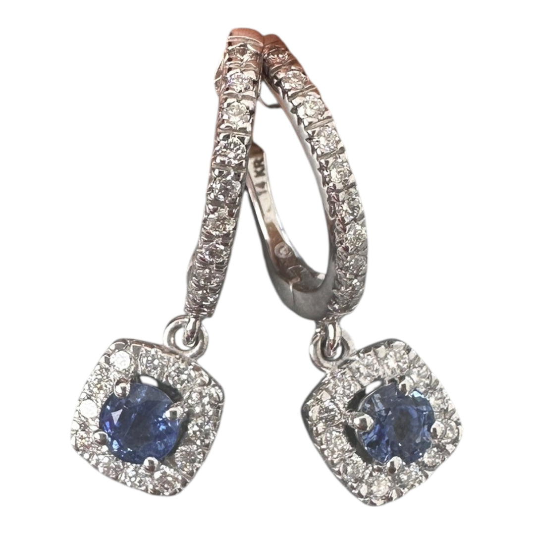 14 karat 2.00 carat sapphire, and diamond halo huggy earrings