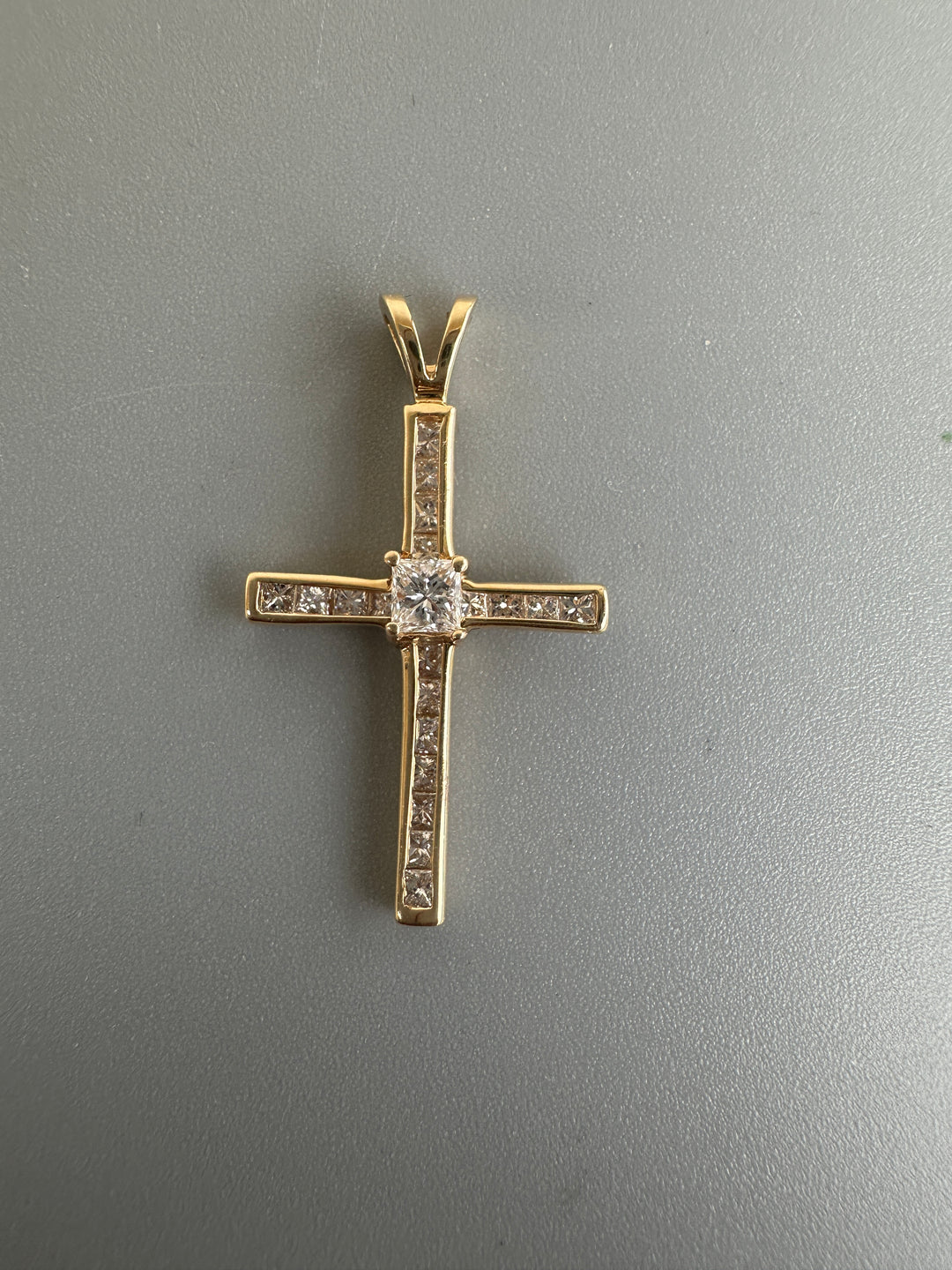 14 Karat Yellow Gold Princess .95ct Diamond Channel Cross 1-1/2”Length