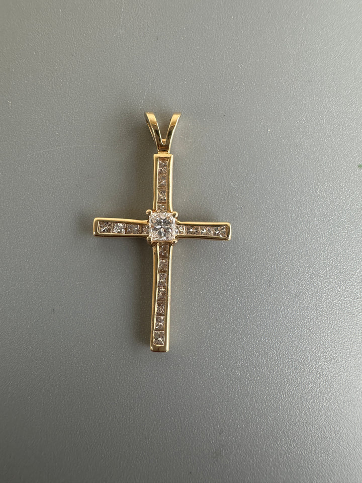 14 Karat Yellow Gold Princess .95ct Diamond Channel Cross 1-1/2”Length