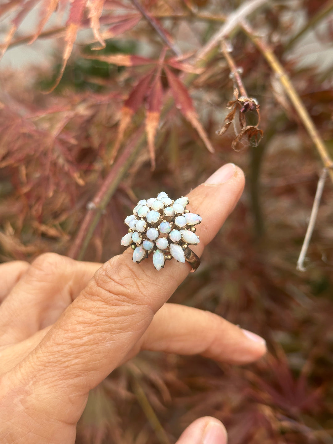 18 karat rose gold fire, opal cluster ring 24 mm
