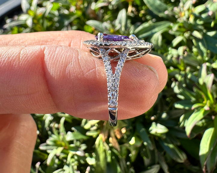 14 karat pear shaped Brazilian Amethyst diamond halo ring