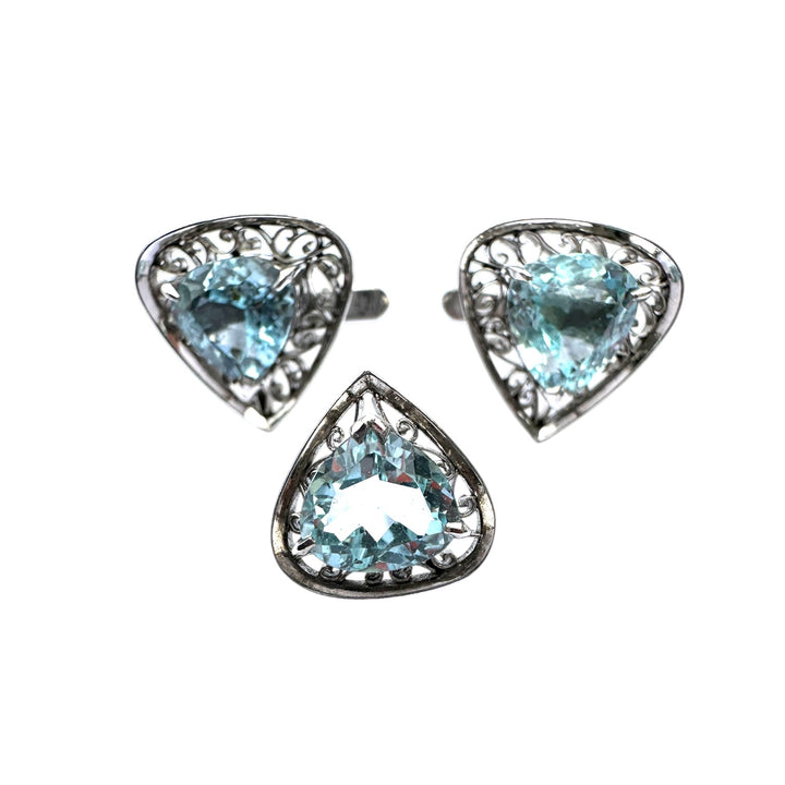 Edwardian 7 Carats Aquamarine Cufflinks and Tie Tack Set, White Gold