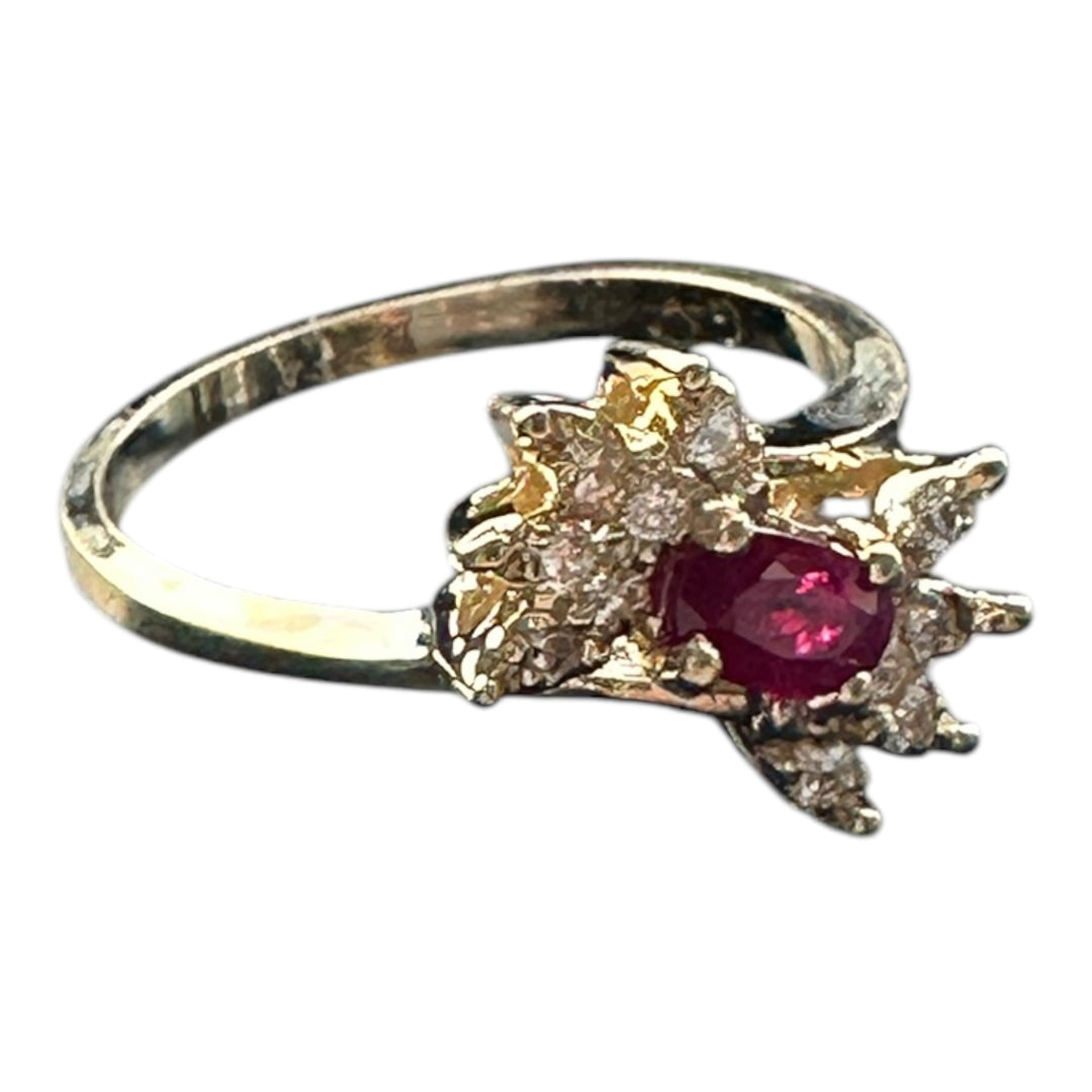 14 karat yellow gold, ruby, and diamond ring