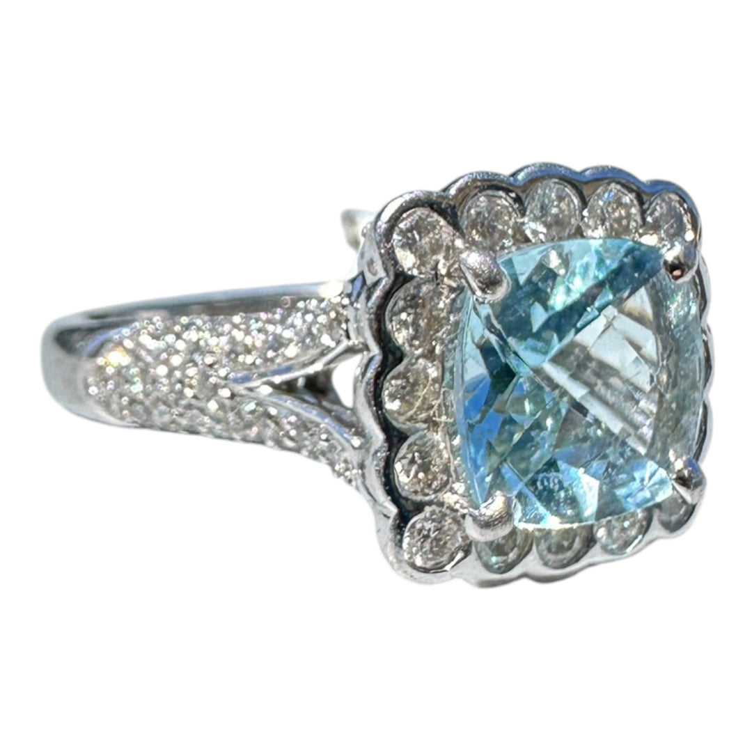 Designer  2.35 carat Aquamarine and Diamond Halo Ring 18 Karat 4.05 Carat