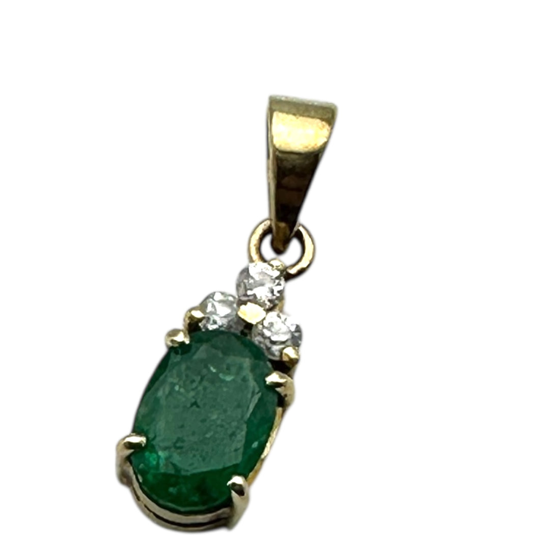 14 Karat 1.00 Carat Oval-Emerald and Diamond drop Pendant