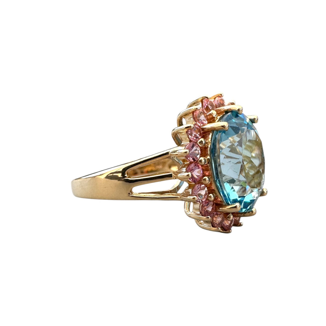 Vintage 14K Gold 6.00 Carat Oval Blue Topaz and Pink Sapphire Halo Cocktail Ring