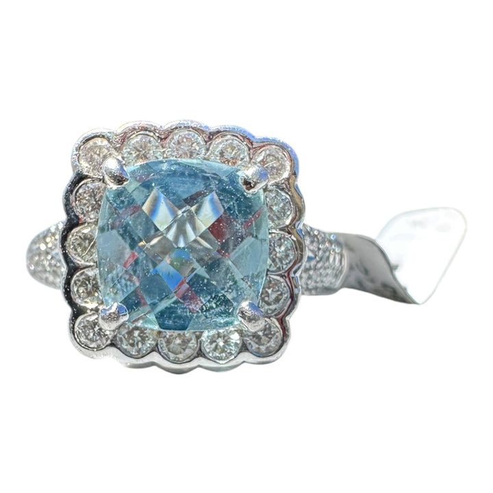 Designer  2.35 carat Aquamarine and Diamond Halo Ring 18 Karat 4.05 Carat