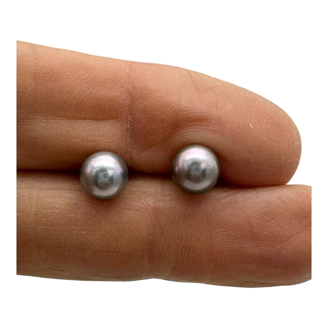 14 karat, gold 7 mm Akoya, gray cultured pearls earrings studs AAA quality￼