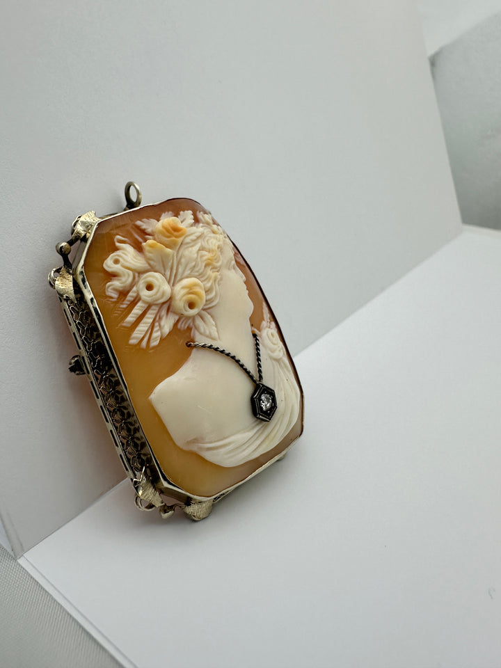 1800's Victorian Cameo with Diamond 14 Karat White Gold brooch pendant