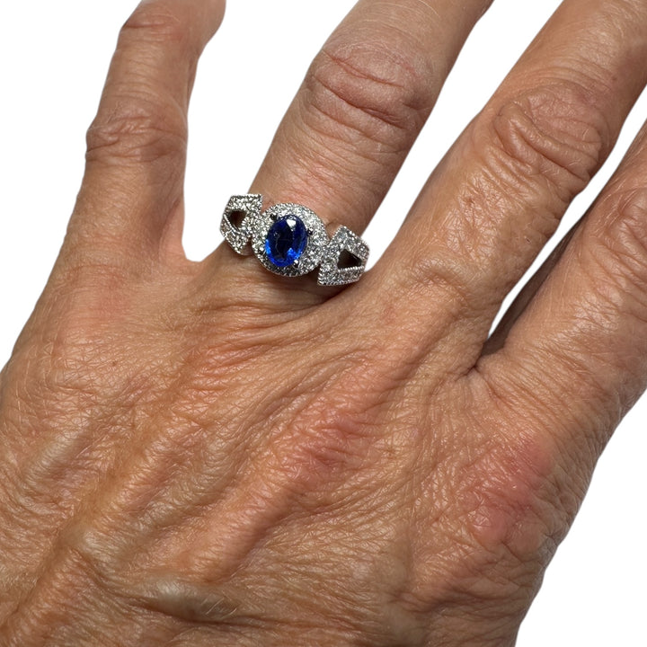 14kt White gold Halo Sapphire and Diamond Split Shank Ring