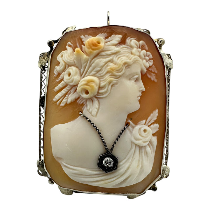 1800's Victorian Cameo with Diamond 14 Karat White Gold brooch pendant