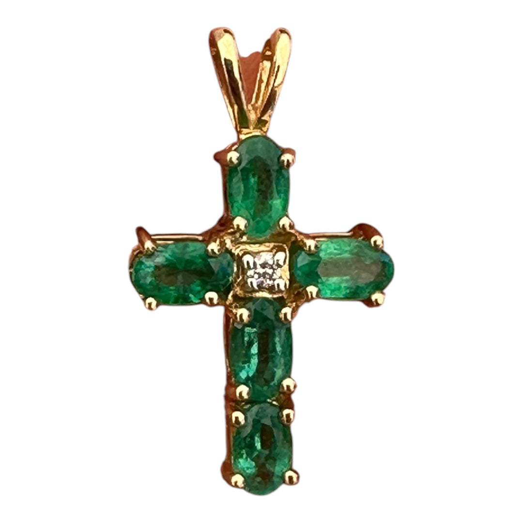 Modern 14K Gold 0.75 CT Emerald Cross Pendant with Diamond Accents (22 x 12 mm)