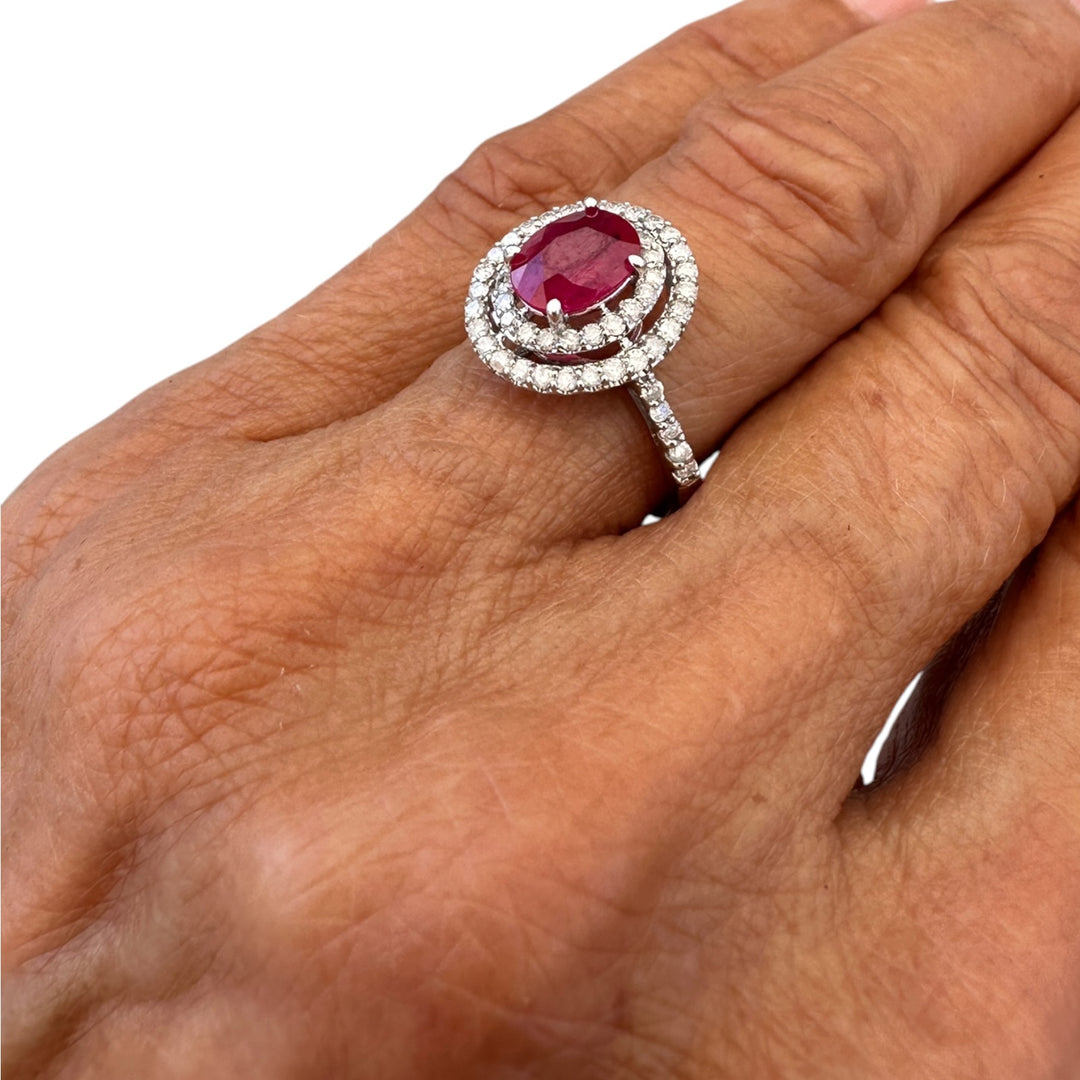 14kt White Gold 1.40 Carat Oval Ruby and Double Diamond Halo Cocktail Ring