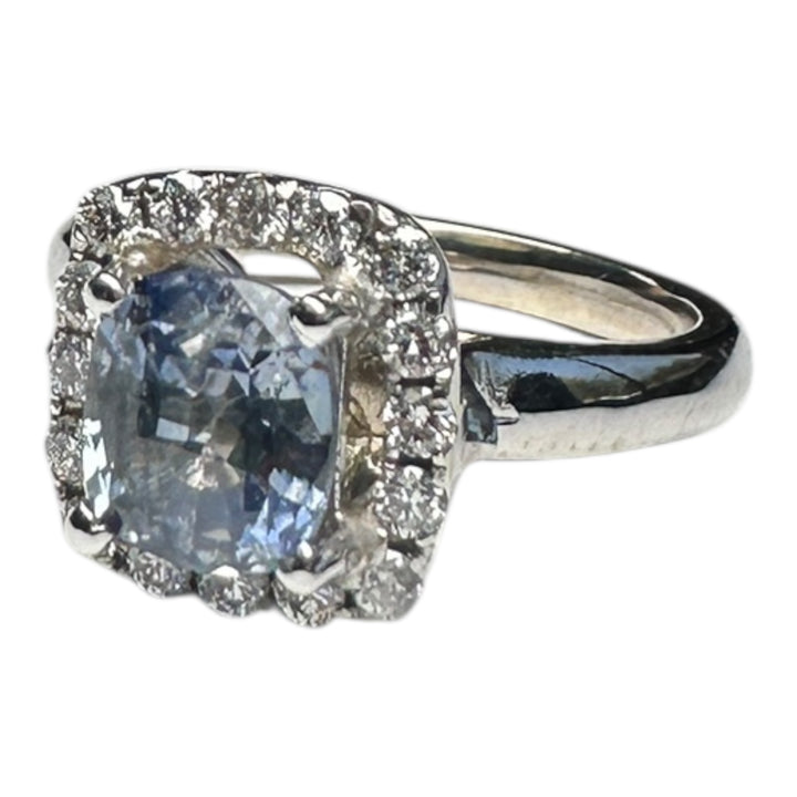 14 Karat 2.48ct Cushion Sapphire Natural-Unheated & Diamond Halo Ring
