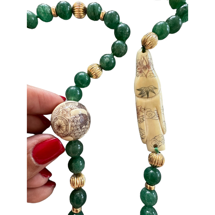 14K Ivory Cream Netsuke Carved Chinese Figurine Aventurine Beads Necklace 34"