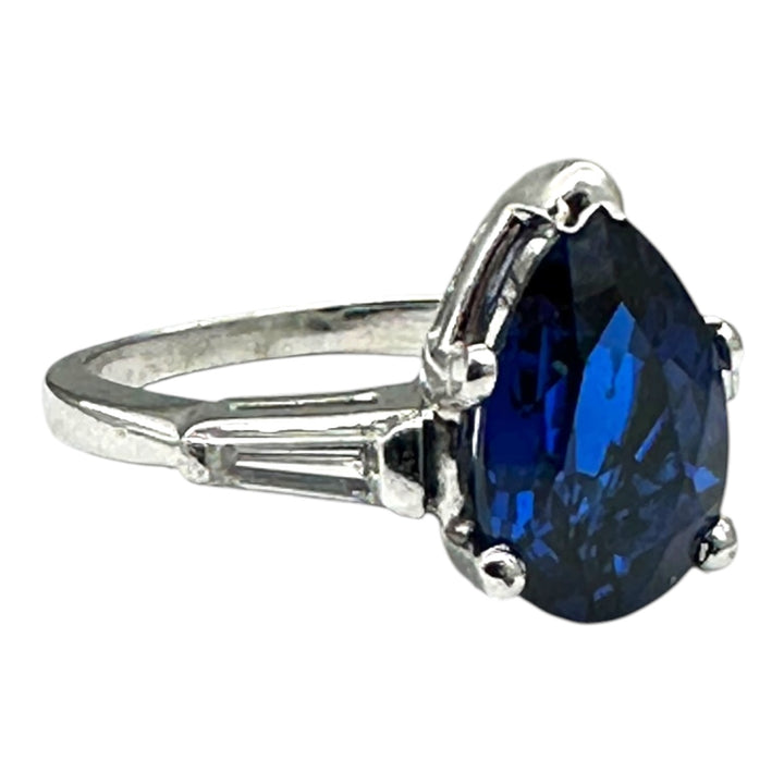 Mid Century Platinum 3-Stone 4.40ctw, Lab-Sapphire and Baguette Diamond Ring
