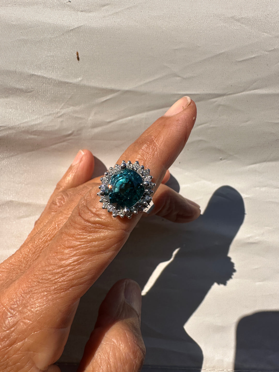 Magnificent 8 Carat Oval Natural Blue Zircon 14K White Gold Starburst Halo Ring