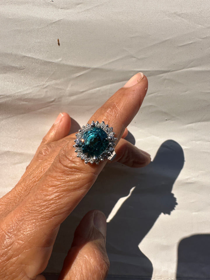 Magnificent 8 Carat Oval Natural Blue Zircon 14K White Gold Starburst Halo Ring