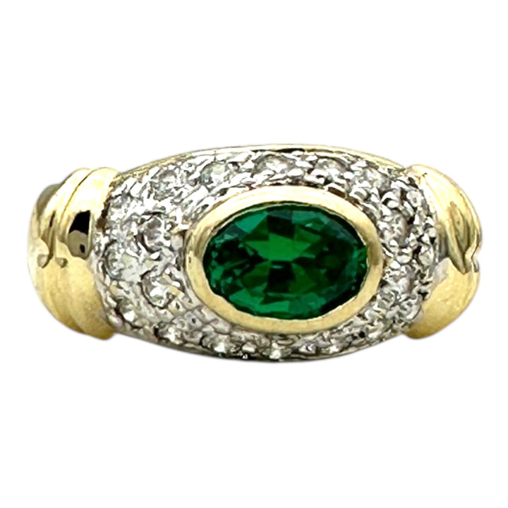 14 karat yellow gold, diamond and emerald green ring