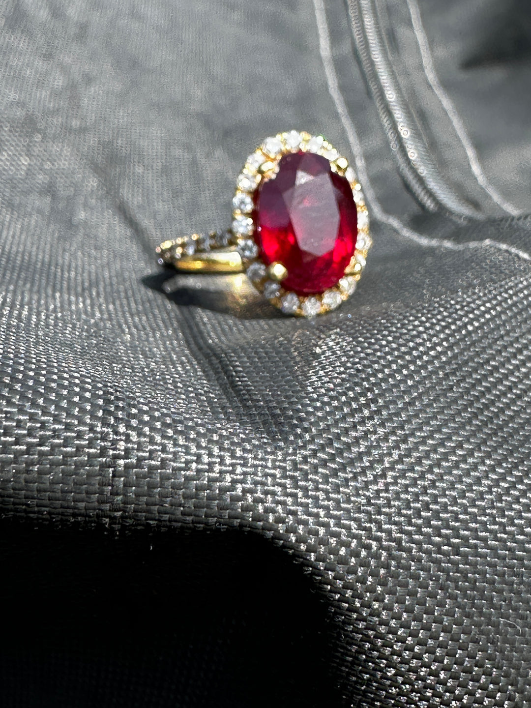 14 karat 3.93 carat red ruby halo ring