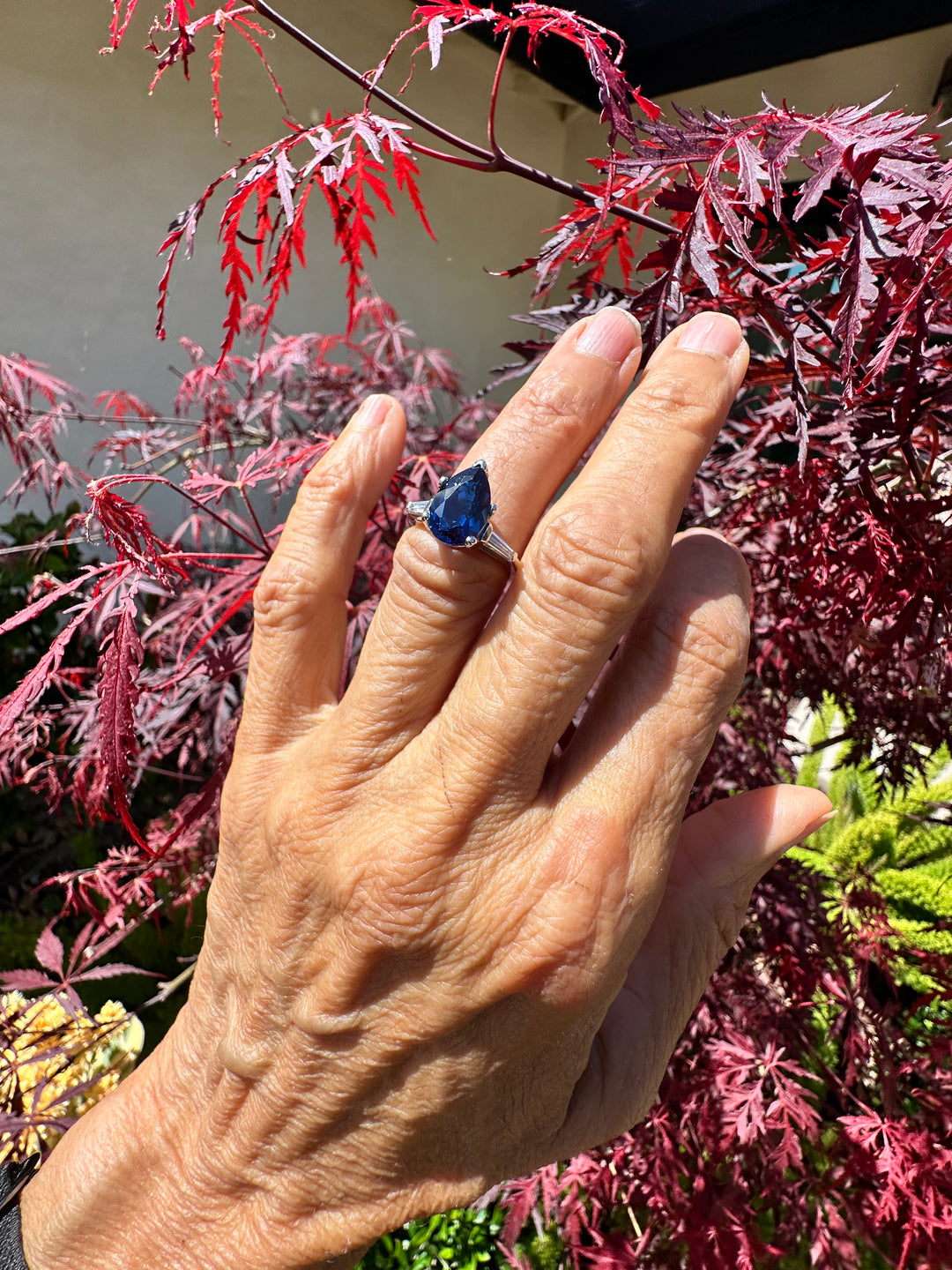 Mid Century Platinum 3-Stone 4.40ctw, Lab-Sapphire and Baguette Diamond Ring