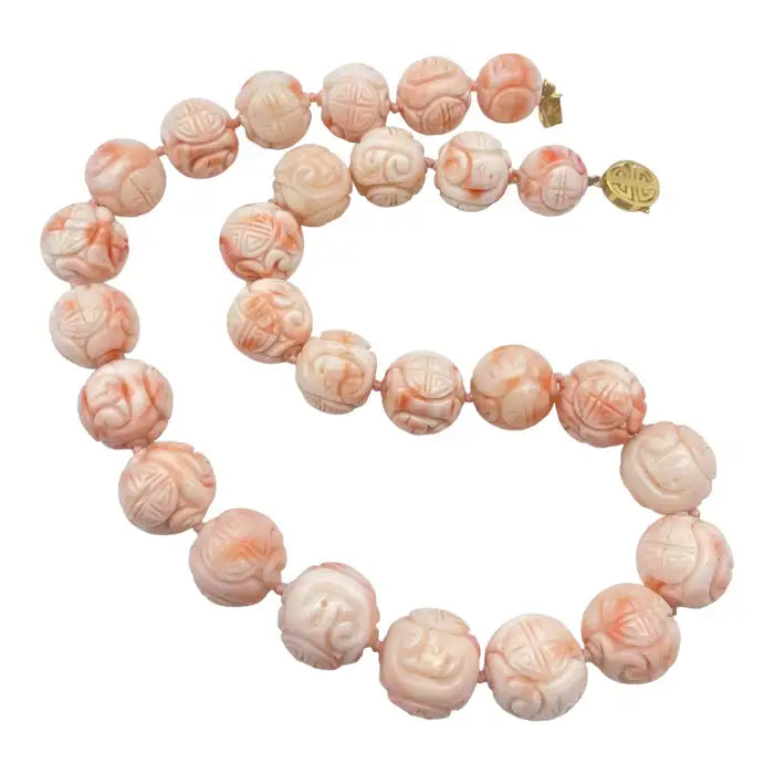 14Karat Angel Skin Coral Individually Carved Bead 18" Necklace Artistry