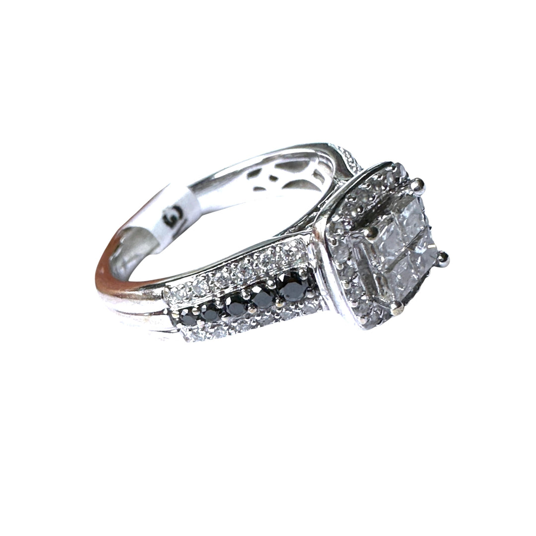 14K White Gold Princess-Cut Quad Diamond Halo Ring with Black Diamond Accents .75ctw