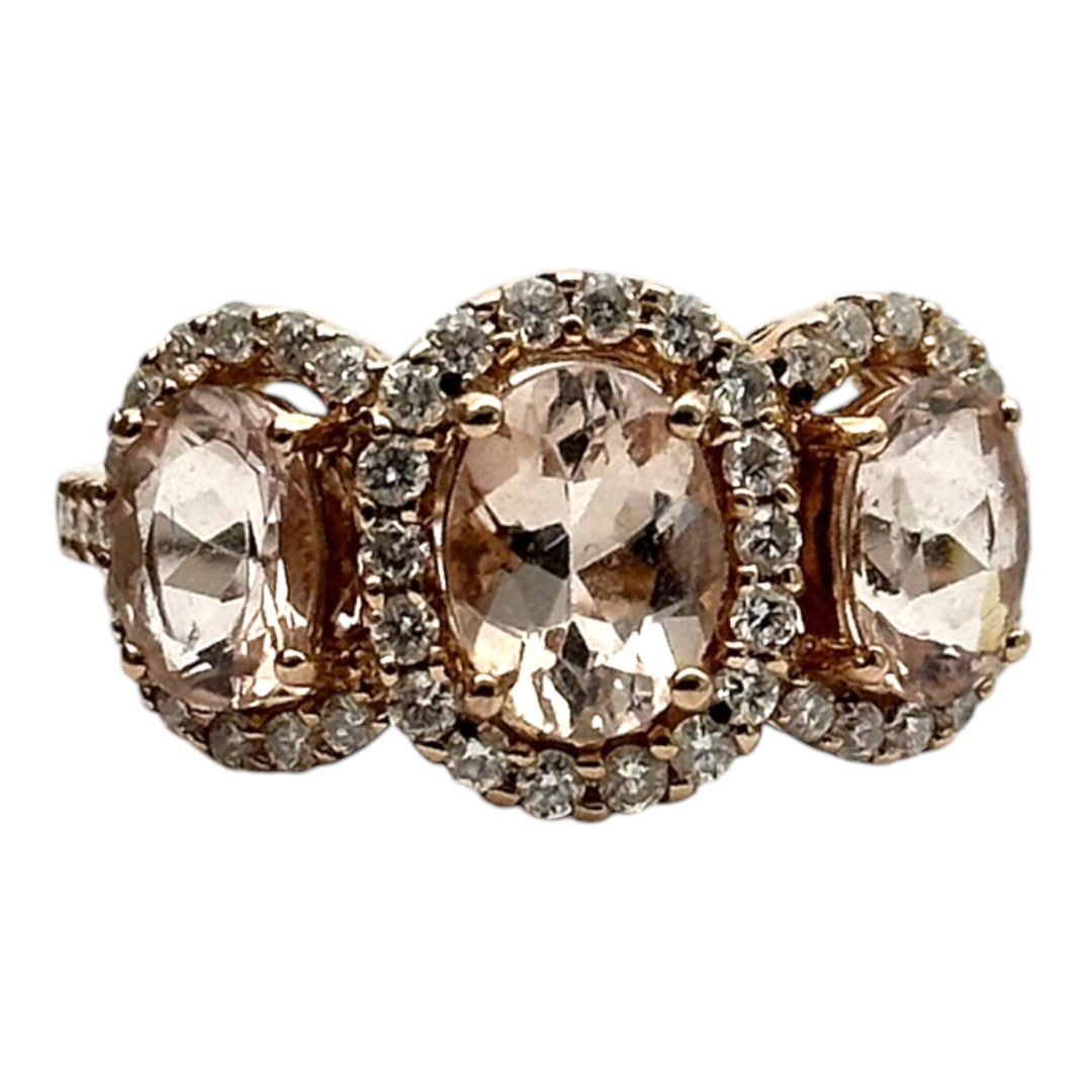 14 karat pink gold, 3-stone Morganite diamond halo ring