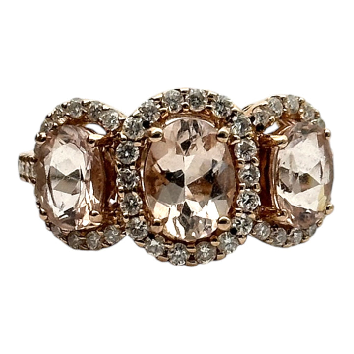 14 karat pink gold, 3-stone Morganite diamond halo ring