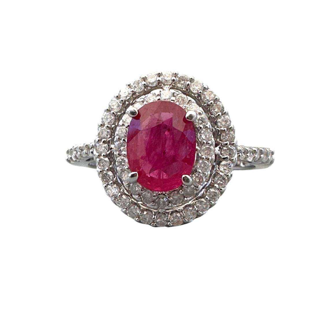 14kt White Gold 1.40 Carat Oval Ruby and Double Diamond Halo Cocktail Ring