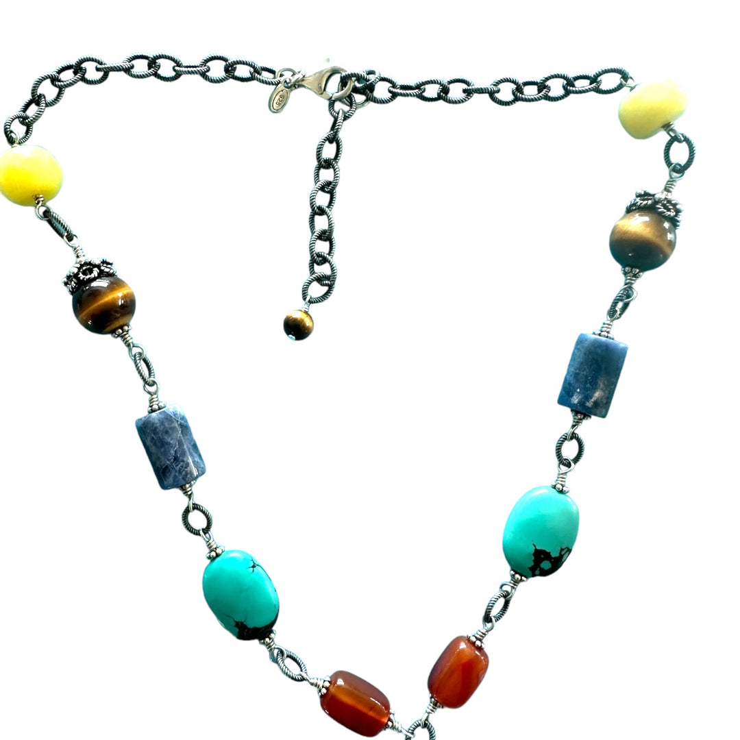 Bohemian Bead Necklace, Tiger Eye, Turquoise Gemstone, Sterling Silver ￼