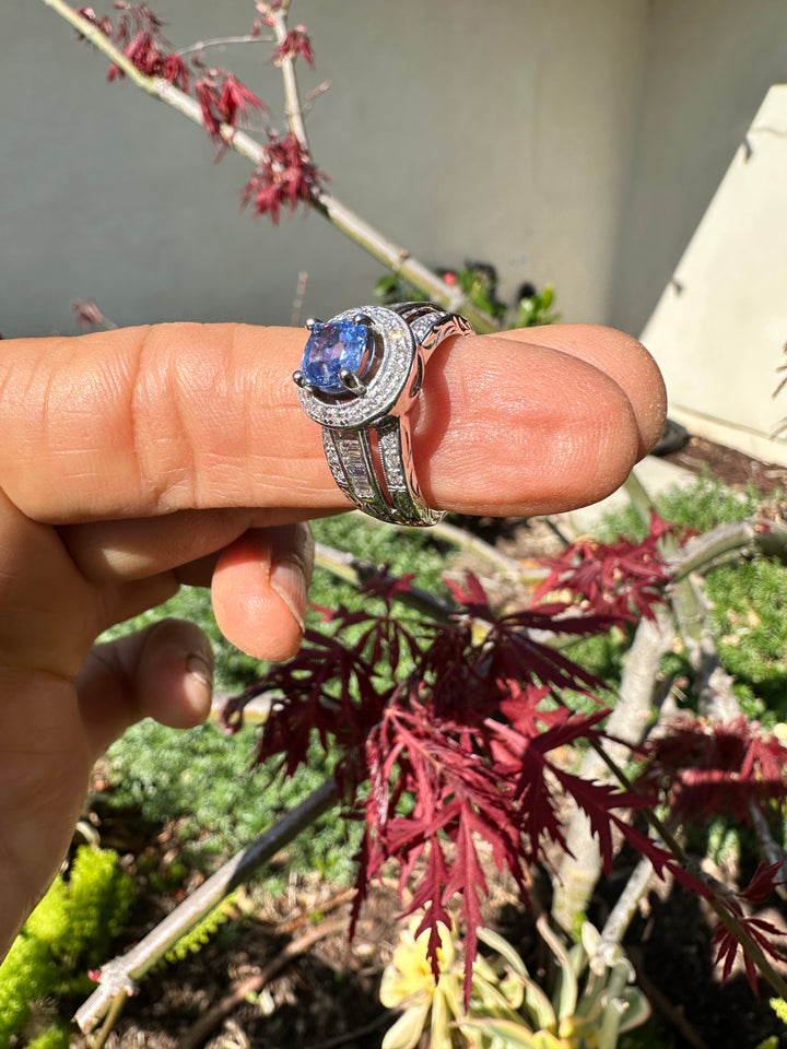 14 Karat White Gold 2.25TCW Blue Sapphire Halo Diamond and Baguette Ring