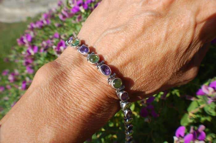 Amethyst and Green Stone Sterling Silver Link Bracelet