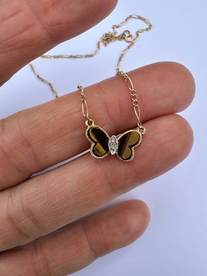 Mid-Century Inspired Yellow Gold, Tiger's Eye Butterfly Pendant Necklace