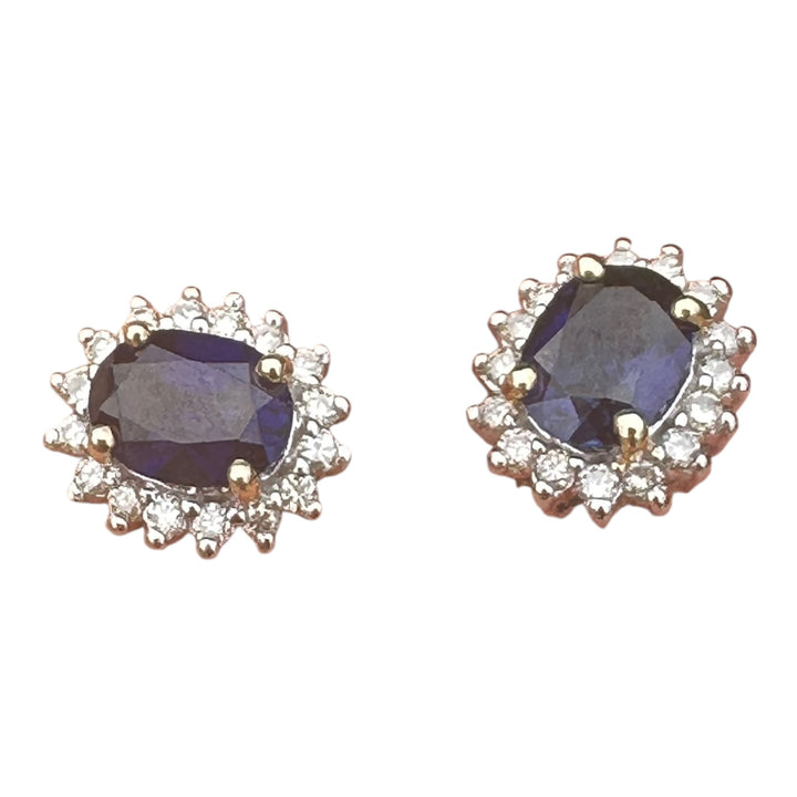 Two tone, 2 carat, sapphire, and diamond, halo stud earrings