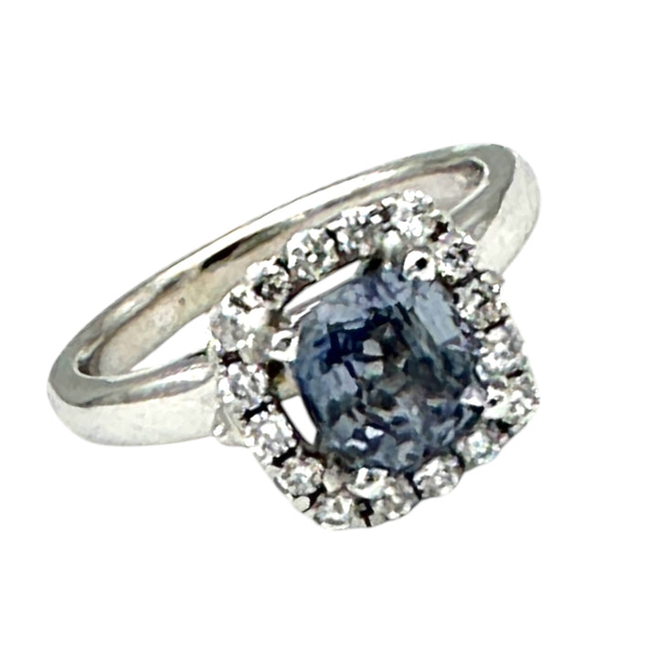 14 Karat Cushion-Cut, Sri Lanka Sapphire Diamond Halo Ring