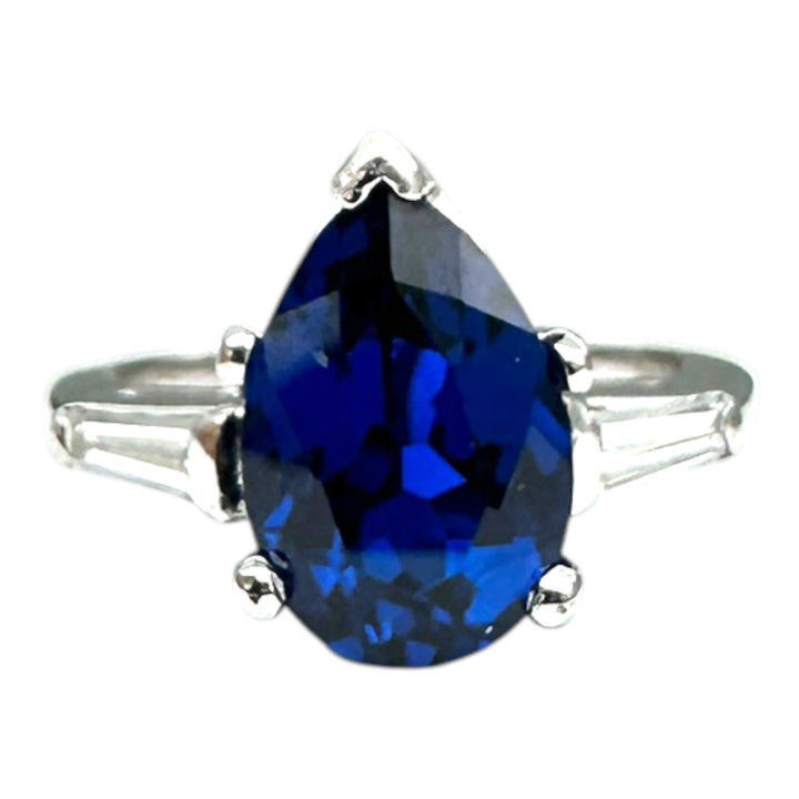 Mid Century Platinum 3-Stone 4.40ctw, Lab-Sapphire and Baguette Diamond Ring