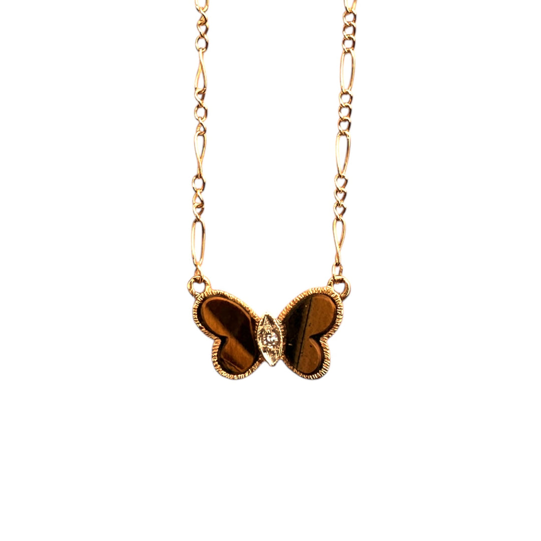Mid-Century Inspired Yellow Gold, Tiger's Eye Butterfly Pendant Necklace