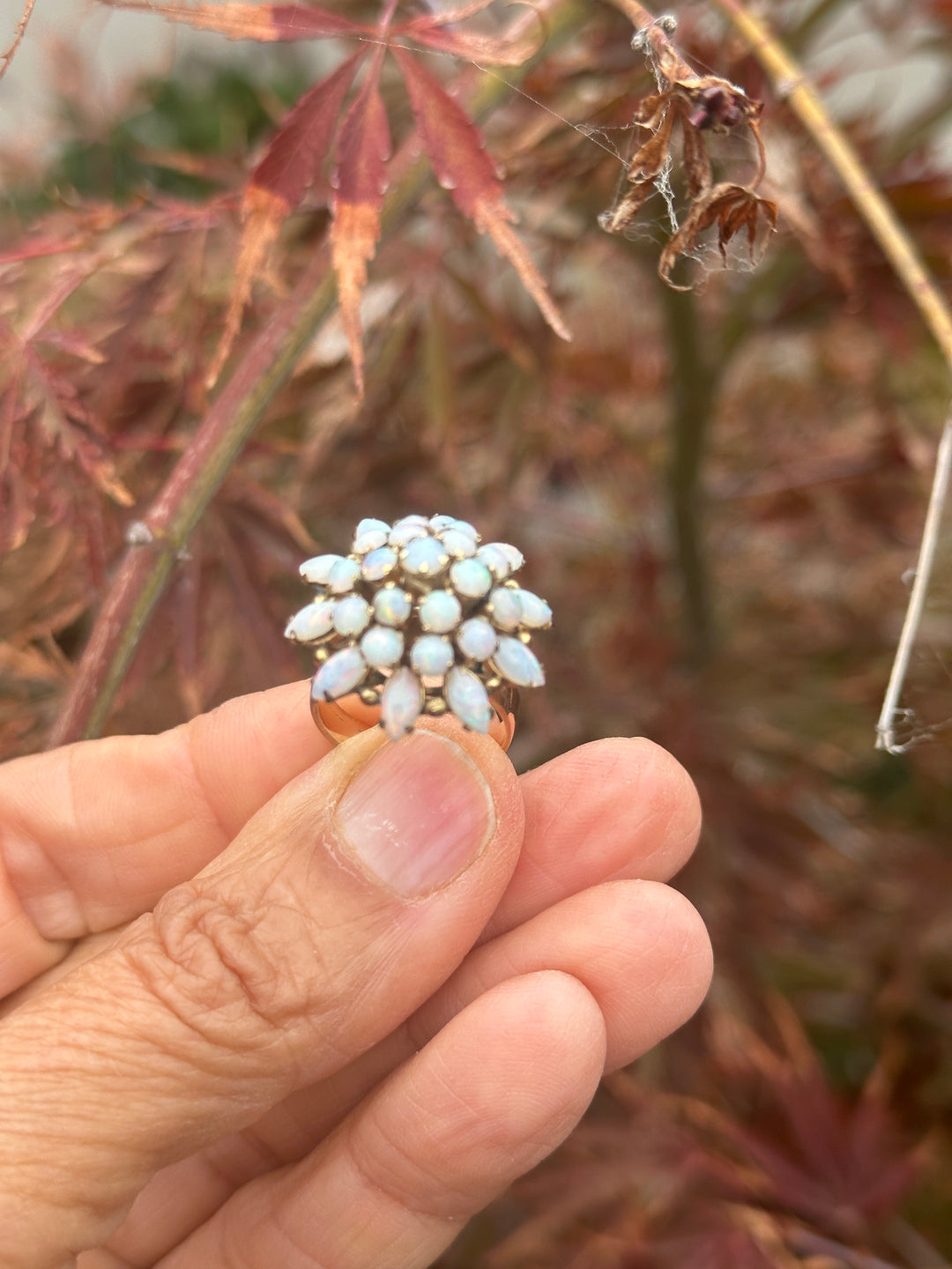 18 karat rose gold fire, opal cluster ring 24 mm