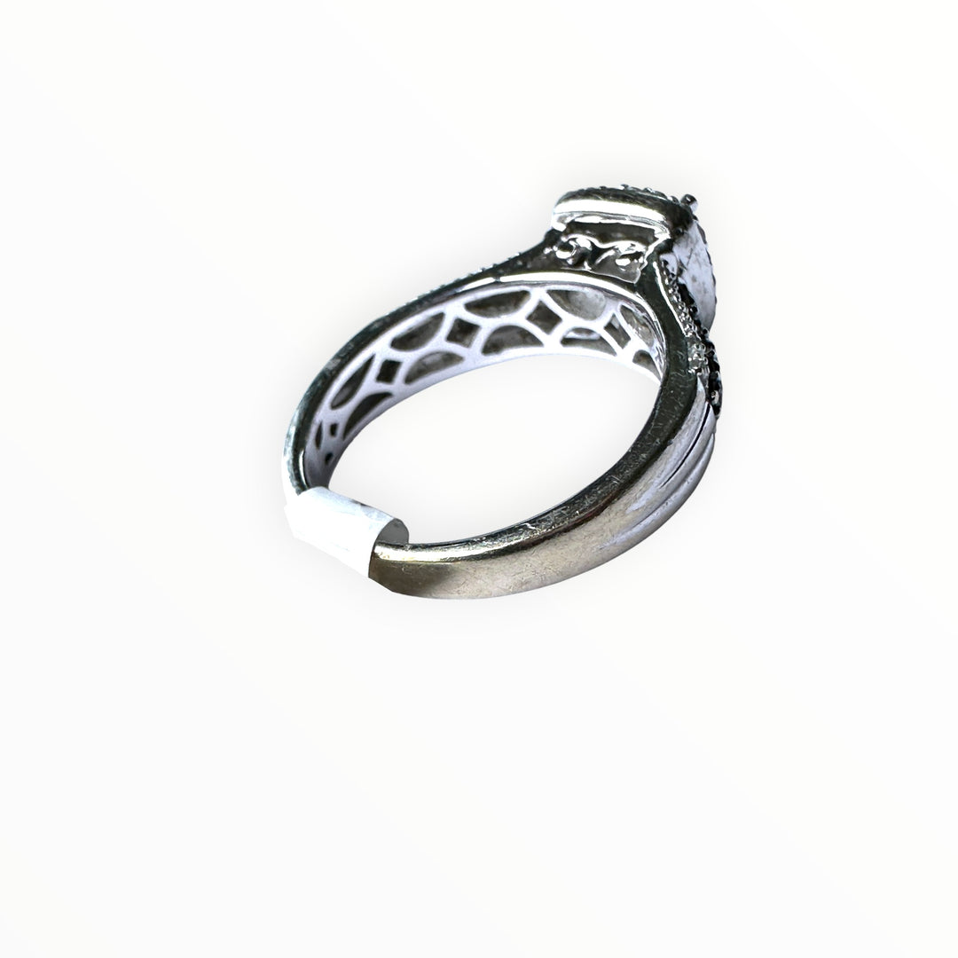 14K White Gold Princess-Cut Quad Diamond Halo Ring with Black Diamond Accents .75ctw