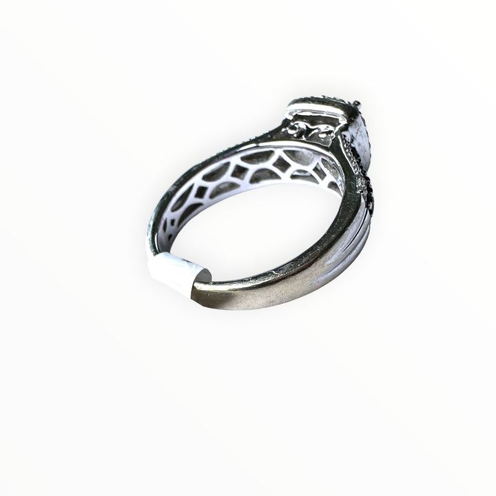 14K White Gold Princess-Cut Quad Diamond Halo Ring with Black Diamond Accents .75ctw