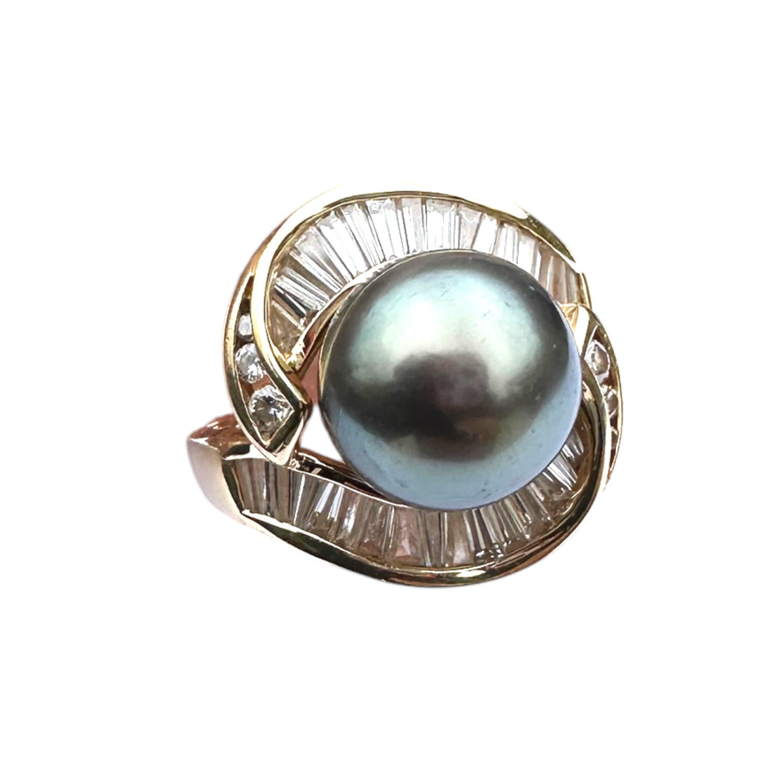 10mm Tahitian Black Pearl & 1.50ct Diamond Ballerina Swirl Cocktail Ring 18kt