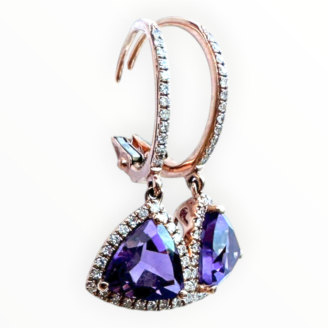 14k Rose Gold & Trillion-Cut Amethyst and Diamond Dangle Earrings 1.35ctw