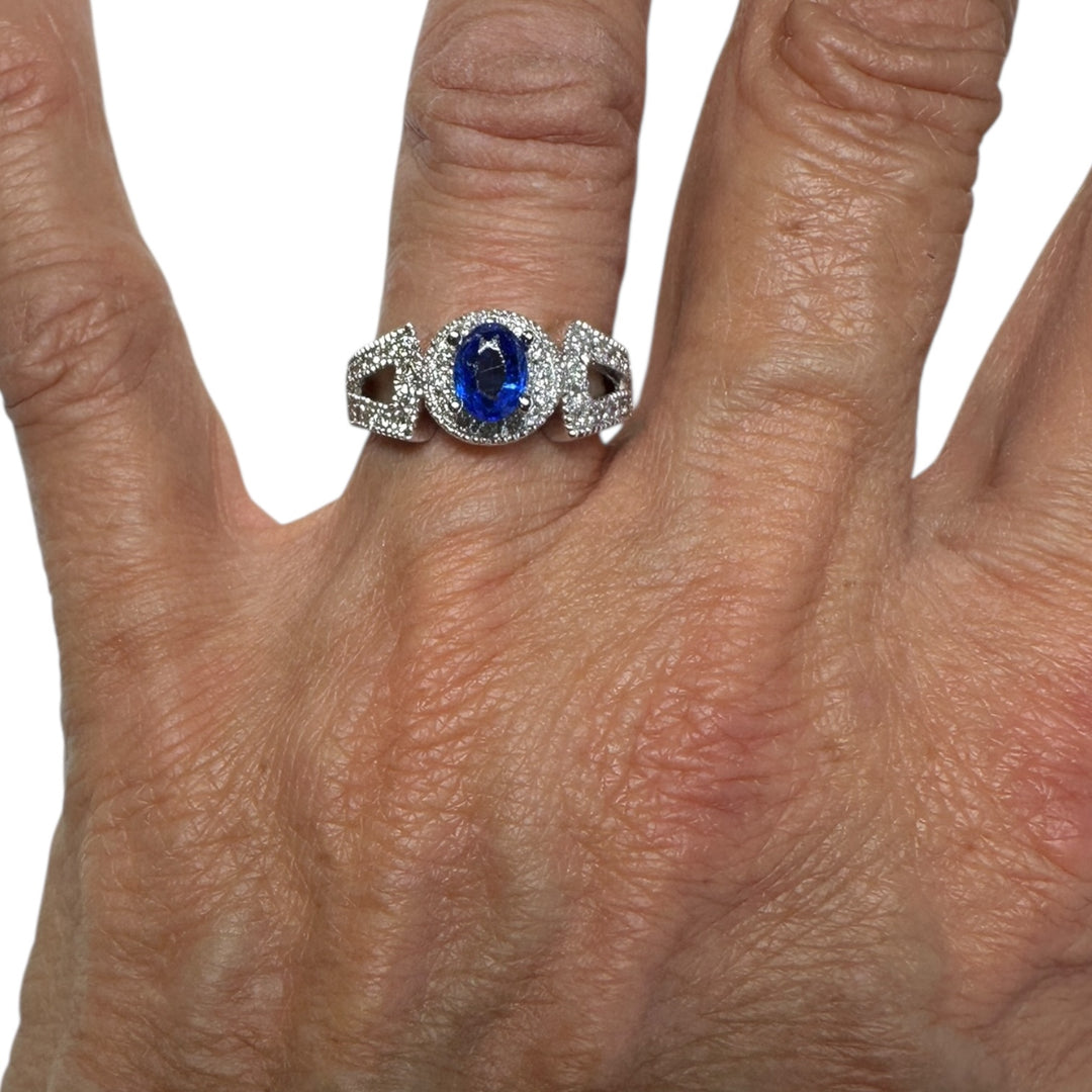 14kt White gold Halo Sapphire and Diamond Split Shank Ring