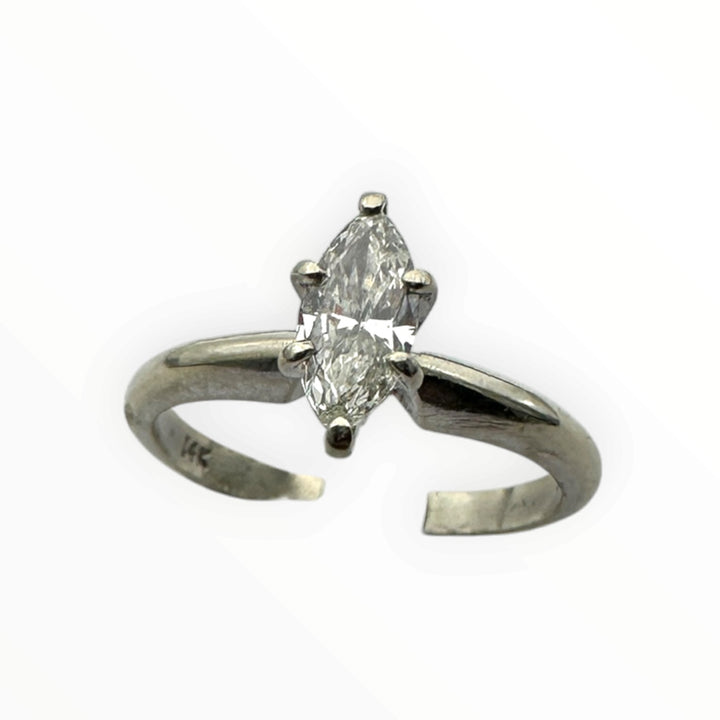 Classic .41 carat marquise–shaped diamond solitaire ring in 14 karat white gold